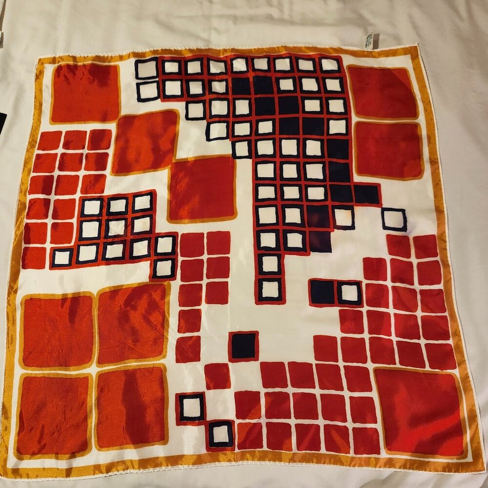 Vintage Japan Acetate Square Scarf Red Purple Gold White Geometric Squares 26"
